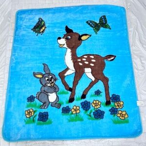 Vintage Rare Bambi & Thumper 100% Acrylic Plush Fleece Blanket Blue 44x52